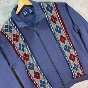 John‎ Blair Mens Argyle Knit Panel Zip Fleece Jacket Blue Burgundy Sz XL Dadcore